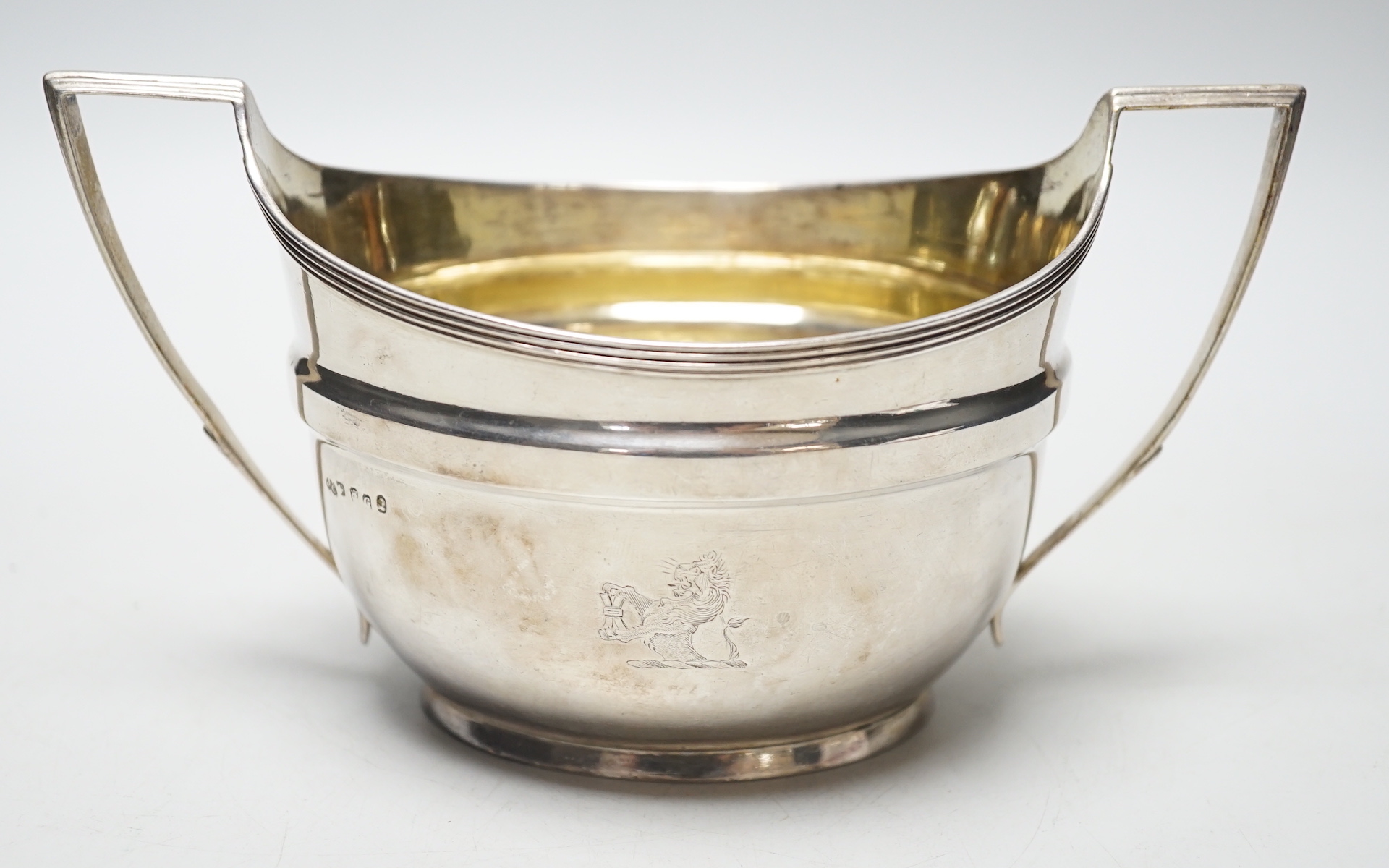 A George III silver two handled oval sugar bowl, John Emes, London, 1802, length 19.2cm over handles, 7.9oz.